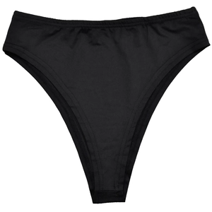 Close-up of black high-cut high-waisted briefs with wide elastic waistband details