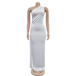 Detail of white one-shoulder slim fit maxi dress featuring side sash and draped texture