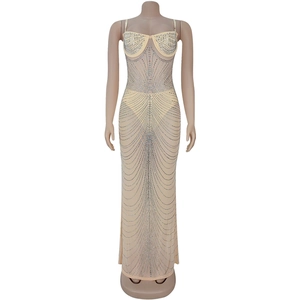 Close-up detail of champagne evening gown with radiant silver rhinestones and mesh texture