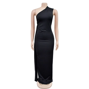 Detail showing the one-shoulder design and ruched stretch fabric of this slim black gown