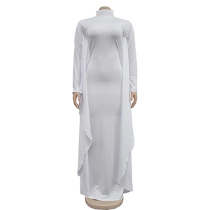 Detail view of white long sleeve maxi dress featuring elegant draped shoulder design
