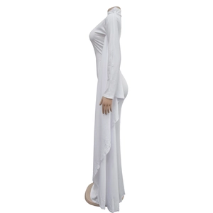Detail view of white long-sleeved slim-fit maxi dress featuring elegant cape-style drapes