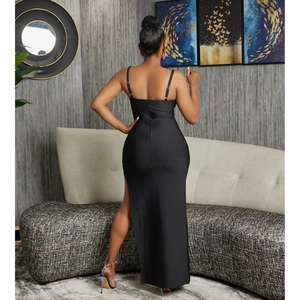 Elegant black bodycon maxi dress with high side slit and open back for evening wear