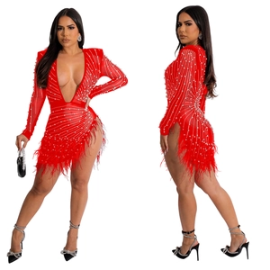 Detail of red long-sleeve dress with pearl rhinestones and feather hemline fringes