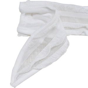 Detailed close-up of white semi-transparent pleated fabric with soft ruffle edge texture
