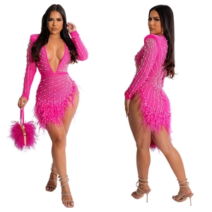 Deep V-neck magenta dress detail featuring mesh fabric with rhinestones and feather hem