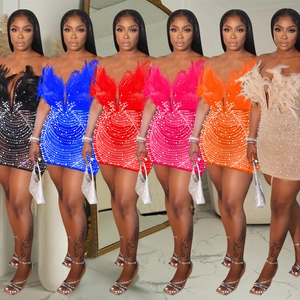 Sexy Off Shoulder Feather Mesh Rhinestone Mini Dress Elegant Bodycon Party Evening Clubwear Short Dress For Women