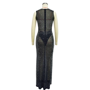 Detailed back view of a black mesh maxi dress with sparkling rhinestones and a long zipper