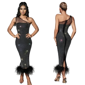 Elegant one-shoulder mesh dress with sparkling rhinestones and black feather hemline