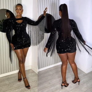 Sexy Women Black Sequin Tassel Long Sleeve Mini Dress Hollow Cut Out Bodycon Party Evening Clubwear Night Out Short Dress
