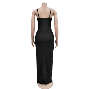 Back view of black slim fit maxi dress with thin straps and invisible center zipper