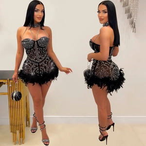 Women Sexy Black Mesh Rhinestone Romper Feather Hem Sweetheart Neckline Sleeveless Party Clubwear Top And Bottom Set