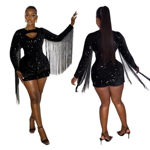 Women's black sequin mini dress with long tassels and cutout design, front and back view