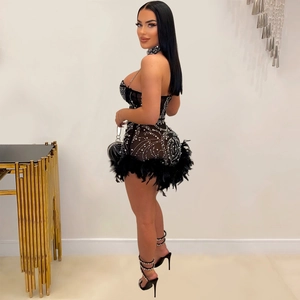 Close-up of black mesh romper featuring sparkling silver rhinestones and feather trim hem