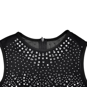 Detail of black mesh neckline with silver rhinestone patterns and invisible back zipper