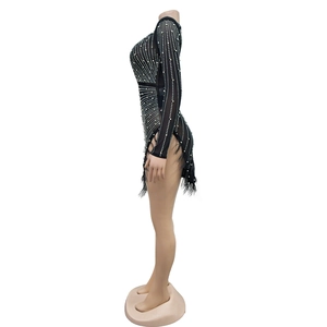 Detail view of mesh dress featuring dense white pearl beads and long black fringe trim