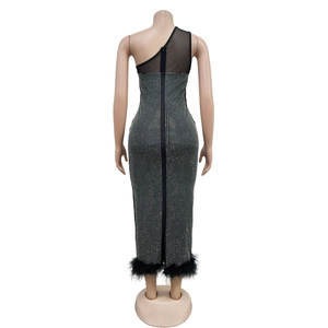 Back view of a one-shoulder bandage dress featuring silver rhinestones and feather trim