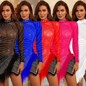 Women Elegant Mesh Rhinestone Long Sleeve Mini Dress With Feather Hem Sexy Bodycon High Neck Party Evening Clubwear Dress
