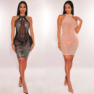 Women Sexy Halter Neck Mesh Rhinestone Bodycon Dress See Through Sleeveless Mini Party Club Dress Evening Gown