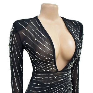Detail of sheer black mesh dress with elegant pearl and rhinestone stripe embellishments