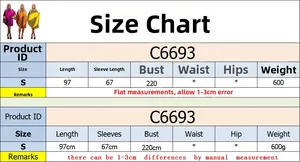 Detailed size chart for C6693 oversized printed dress with sleeves and length dimensions
