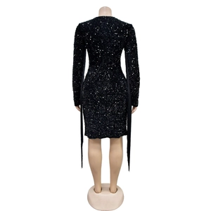 Close-up detail of black sequins and long fringe tassels on a mini dress sleeve