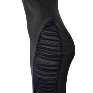 Detail of black bodycon dress featuring side mesh paneling and ruched texture design