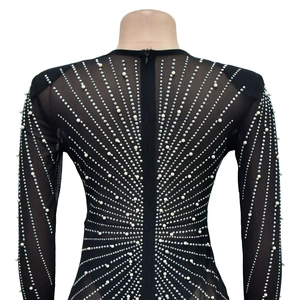 Detailed back view of mesh dress featuring silver rhinestones and pearl embellishments