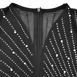 Detail of V-neck mesh dress featuring pearl and rhinestone trim with a KCC zipper closure