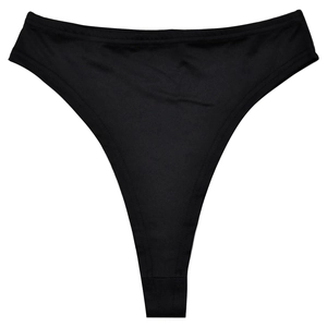 Close-up detail of black high-cut thong showing elastic fabric and reinforced stitching