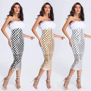 Women Sexy Strapless Sequin Midi Dress Luxurious Diamond Grid Feather Trim Bodycon Banquet Evening Party Dress