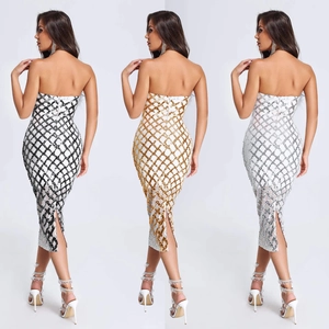 Detail of sequined bodycon dresses with diamond pattern and back slit in three colors