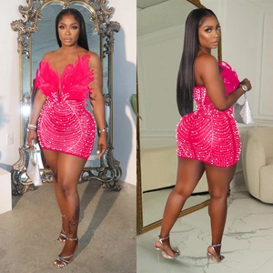 Close-up of pink mesh mini dress featuring feather trim and sparkling rhinestone patterns