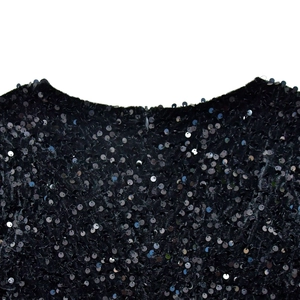 Macro shot of high-density black sequins and an invisible zipper on velvet dress
