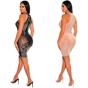 Elegant sleeveless mesh bodycon dress with rhinestone patterns in black and beige colors