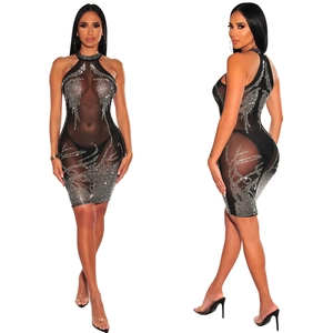 Front and side view of mesh halter dress with sparkling rhinestones for party wear