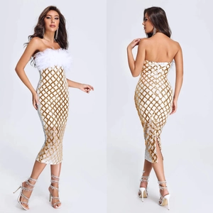 Elegant white sequin tube dress with feather trim and gold lattice pattern, front and back view