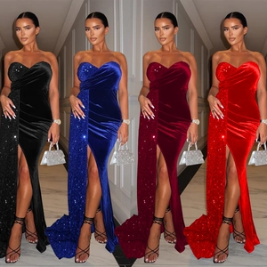 Robe Longue Élégante Sans Bretelles En Velours Épissage De Paillettes Fente Haute Moulante Robe De Soirée Pour Femme Banquet Fête