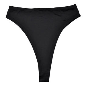 Detail shot of the wide high-waisted band and fine stitching on black thong underwear