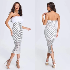 Elegant white sequin bodycon dress featuring feather neckline and sparkling lattice pattern