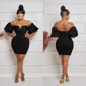 Elegant black puff sleeve mini dress with off-shoulder sweetheart neckline and slim fit