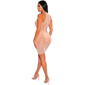 Close-up of nude mesh halter dress featuring sparkling silver rhinestone spiral patterns