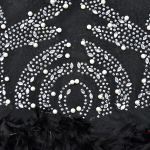Detail of black mesh jumpsuit with white faux pearls, rhinestones, and feather trim accents