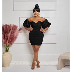 Full view of black off-the-shoulder bodycon dress with sweetheart neckline and puff sleeves