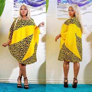 Women's yellow leopard print oversized kaftan dress with batwing sleeves and loose fit