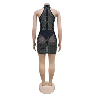 Back view of black sheer mesh dress featuring intricate rhinestone patterns and open back