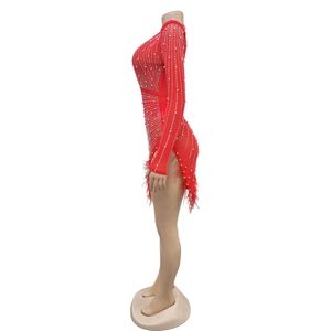 Detail of red mesh dress with white faux pearls and fluffy ostrich feather trim