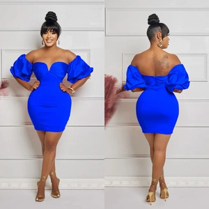 Elegant royal blue off-shoulder dress with puff sleeves and ruched mini skirt design