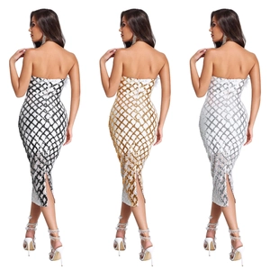 Sequin bodycon midi dress with strapless neck and split hem in three shimmering colors