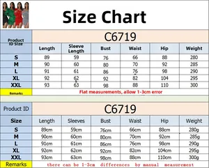 Detailed size chart for C6719 one-shoulder sequin dress including S to XXL dimensions